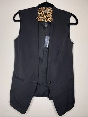 White House Black Market Black Sleeveless Blazer Vest with Leopard Trim